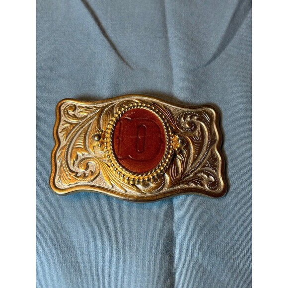 Belt Buckle Gold Tone with Stamped Leather Letter D - Picture 1 of 3